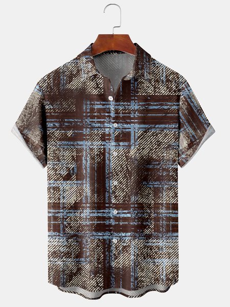 

Men's Geometric Check Print Short Sleeve Hawaiian Shirt, As picture, Short Sleeve Shirts