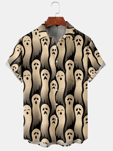 

Men's Halloween Ghost Print Casual Short Sleeve Hawaiian Shirt with Chest Pocket, Apricot, Men's Floral shirt