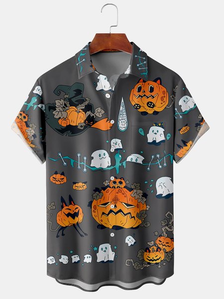 

Men's Halloween Print Short Sleeve Hawaiian Shirt with Chest Pocket, Gray, Men's Floral shirt
