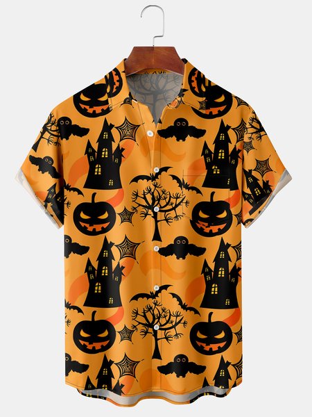 

Men's Halloween Print Short Sleeve Hawaiian Shirt with Chest Pocket, Orange, Men's Floral shirt