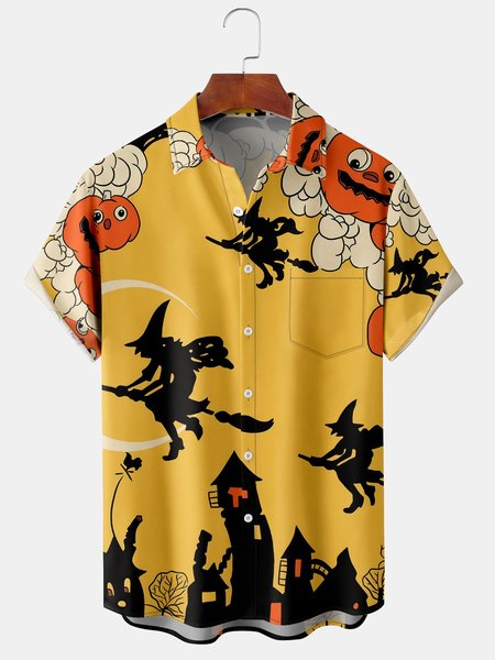 

Men's Halloween Witch Print Short Sleeve Hawaiian Shirt with Breast Pocket, Yellow, Men's Floral shirt