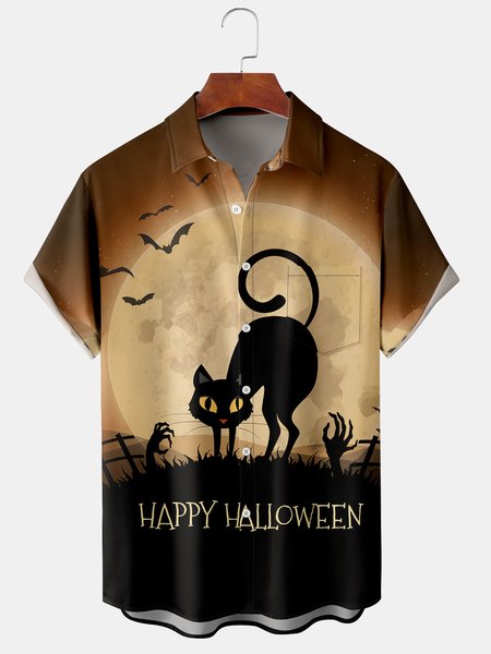 

Men's Halloween Retro Cat Print Casual Breathable Short Sleeve Shirt, Black, Men's Floral shirt