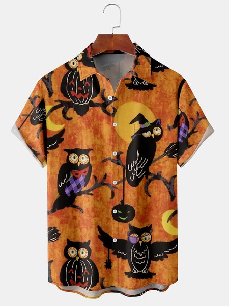 

Men's Halloween Animal Print Casual Short Sleeve Hawaiian Shirt with Chest Pocket, Orange, Men's Floral shirt