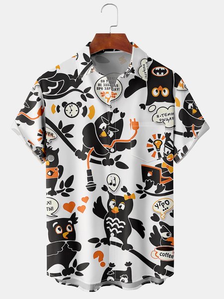 

Men's Halloween Animal Print Casual Short Sleeve Hawaiian Shirt with Chest Pocket, White, Men's Floral shirt