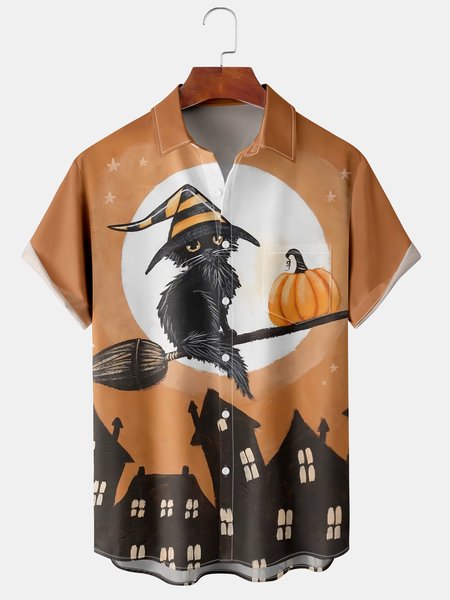 

Men's Halloween Print Casual Breathable Hawaiian Short Sleeve Shirt, Yellow, Men's Floral shirt