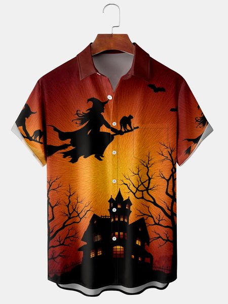 

Men's Halloween Witch Print Short Sleeve Hawaiian Shirt, Orange, Men's Floral shirt
