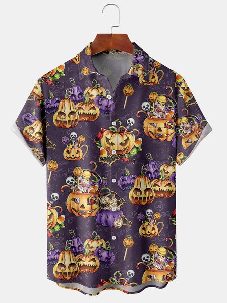 

Men's Halloween Skull Print Casual Short Sleeve Hawaiian Shirt with Chest Pocket, Purple, Men's Floral shirt