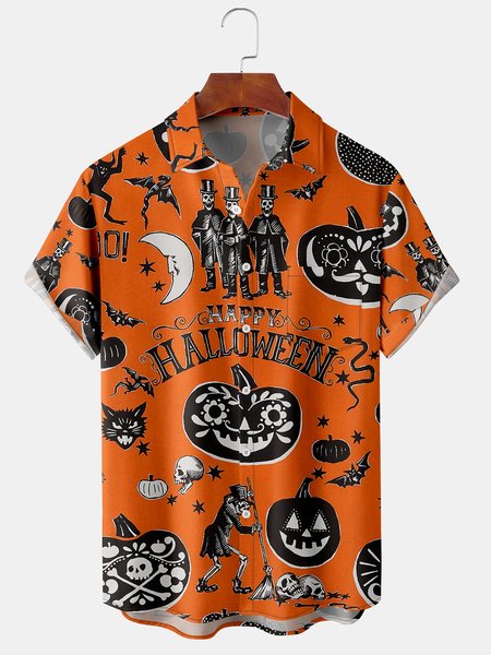 

Men's Halloween Print Short Sleeve Hawaiian Shirt with Chest Pocket, Orange, Men's Floral shirt