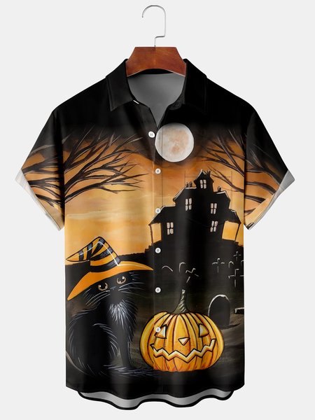 

Men's Halloween Print Casual Breathable Hawaiian Short Sleeve Shirt, Black, Men's Floral shirt