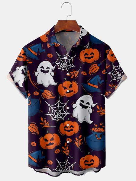 

Men's Halloween Ghost Print Short Sleeve Hawaiian Shirt with Chest Pocket, Purple, Men's Floral shirt