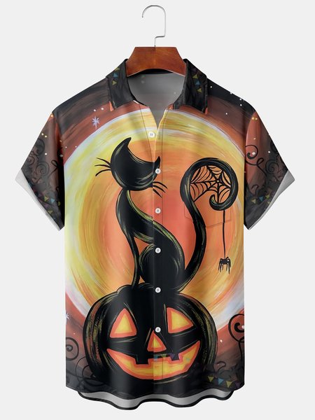 

Men's Halloween Retro Cat Print Casual Breathable Short Sleeve Shirt, Brown, Men's Floral shirt