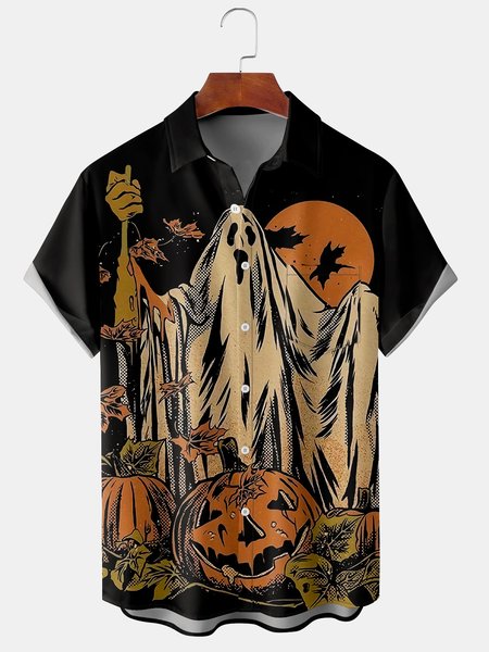 

Men's Halloween Ghost Print Short Sleeve Hawaiian Shirt with Chest Pocket, Black, Men's Floral shirt