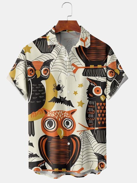 

Men's Halloween Owl Print Short Sleeve Hawaiian Shirt with Chest Pocket, Apricot, Men's Floral shirt