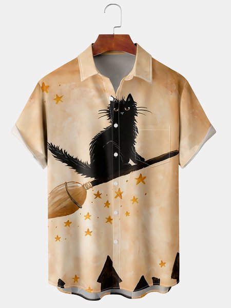 

Men's Halloween Black Cat Print Casual Breathable Short Sleeve Shirt, Khaki, Men's Floral shirt