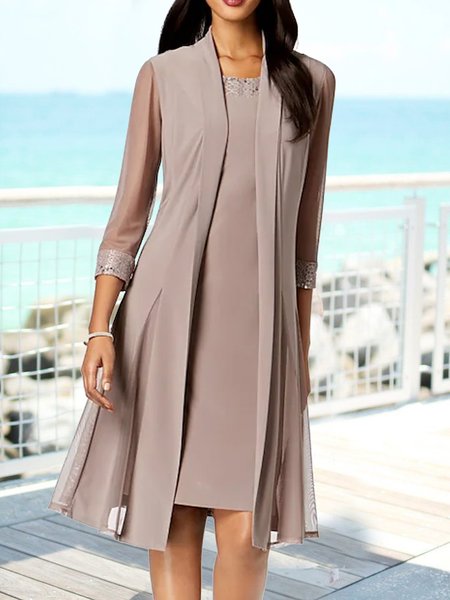 

Solid a-hem jacket dress 2-piece suit, Khaki, Mini Dresses