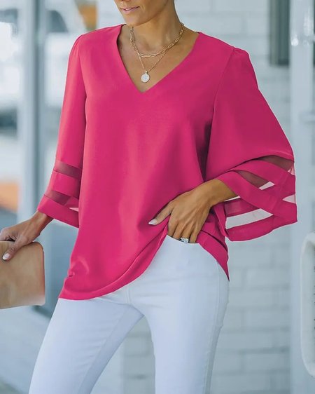 

Daily V Neck Plain Three Quarter Split Joint Top, Rose red, Blouses and Shirts