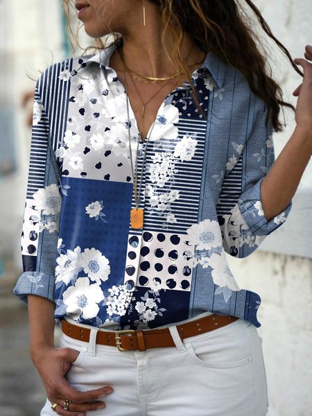 

Casual Floral Geometric Casual Shirt Collar Blouse, Multicolor, Shirts & Blouses