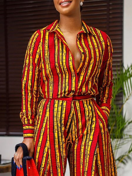 

Vacation Shirt Collar Striped Printed Blouse, Red, Blouses and Shirts