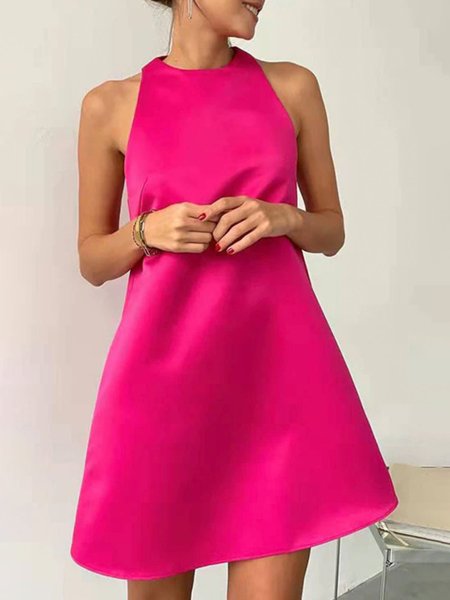 

Crew Neck Elegant Plain Mini Dress, Deep pink, Mini Dresses