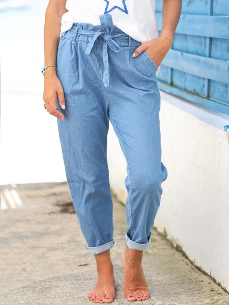 

Plain cotton denim elastic waist pocket drawstring slacks plus size, Denim blue, Jeans