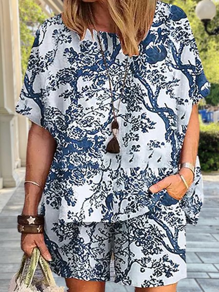 

Crew Neck Floral Loose Two Piece Sets, Multicolor, Suit Set