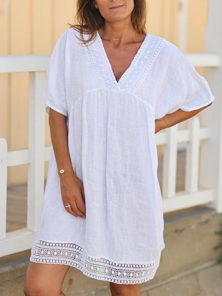 

Cotton lace high waist x short Dress Plus Size, White, Dresses