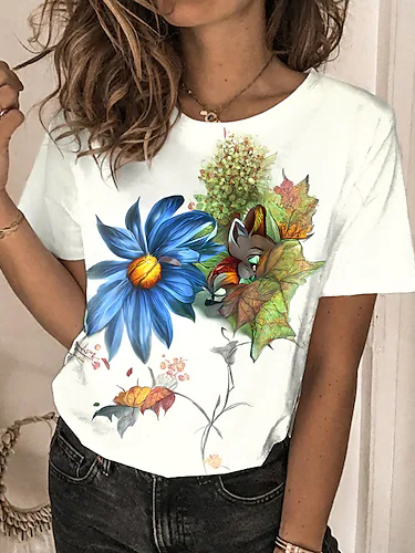 

Crew Neck Floral Casual T-Shirt, White, T-Shirts