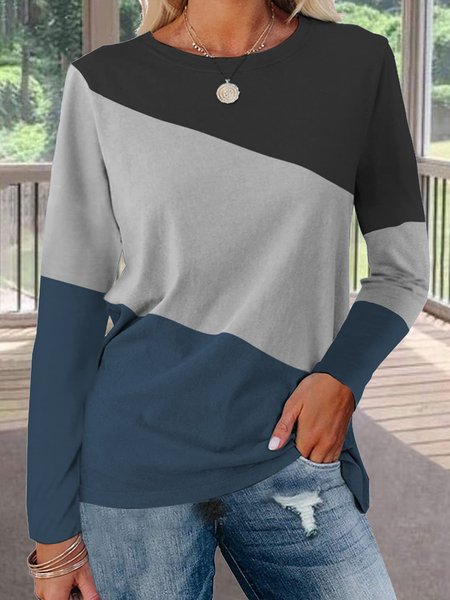 Casual Contrast Stitching Crew Neck Long Sleeve T-shirt, Blue, T-shirts