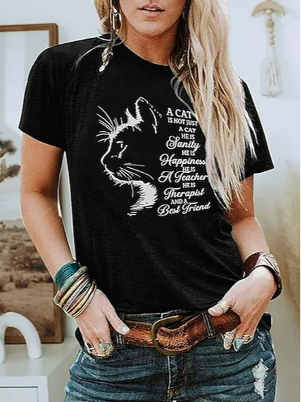 

Casual Cotton-Blend Text Letter Tops, Black-grey, Tees & T-shirts