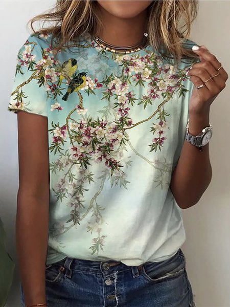 

Casual Floral And Bird Crew Neck T-Shirt, Multicolor, T-Shirts