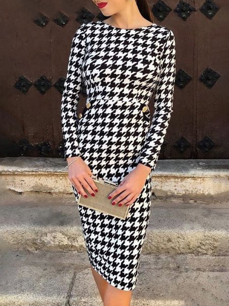

Daily High Waist Houndstooth Regular Fit Elegant Dress, Black, Midi Dresses