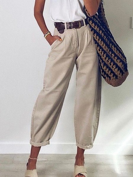 

Plain pocket elastic waist count Pants, Khaki, Pants