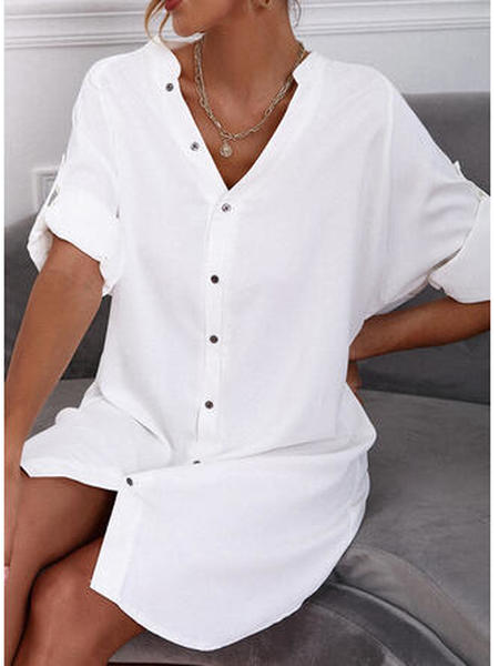 

Plain Casual V Neck Dresses, White, Dresses