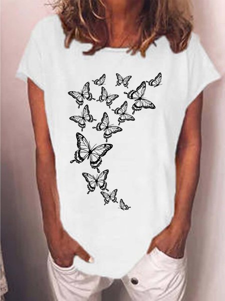 

Women Butterfly Printing Casual Loose Text Letters T-Shirt, White, T-shirts