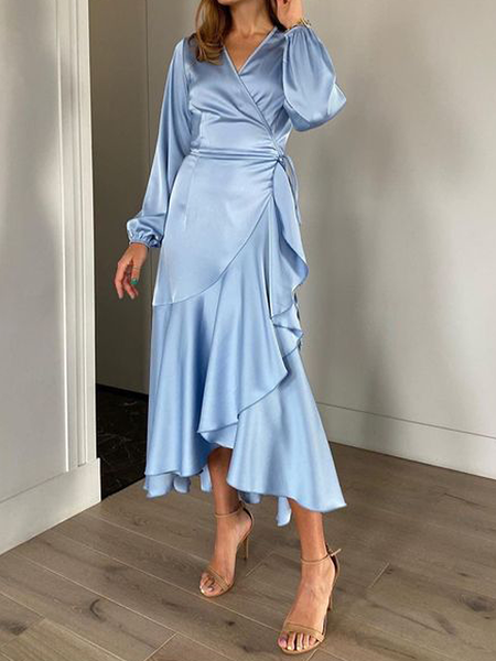 

Autumn Long sleeve X-Line V Neck Regular Fit Plain Dresses, Blue, Maxi Dresses
