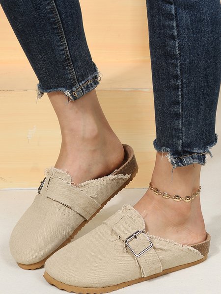 

Beige Canvas Adjustable Buckle Slides, Apricot, Flats
