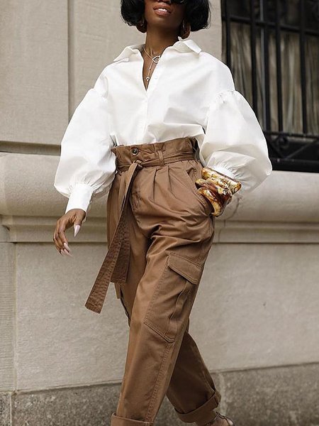 

Lantern Sleeve Shirt Collar Loose Blouse, White, Blouses and Shirts