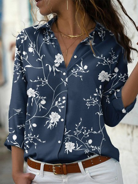 Shawl Collar Floral Loose Tops, Dark blue, Blouses & Shirts