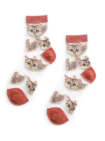 

Casual All Season Cat Cotton Embroidery Lightweight Breathable Standard Over the Calf Socks Socks for Women, Orange red, Socks