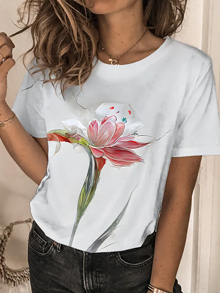 

Floral Crew Neck Casual Cotton-Blend T-Shirt, White, T-Shirts