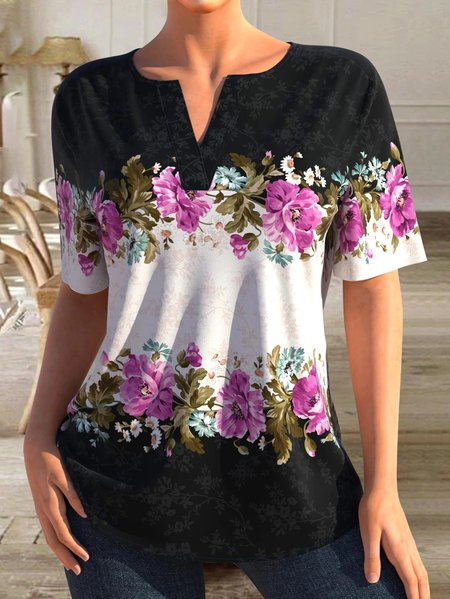 

Contrast Floral Short-sleeve Knitted T-shirt, Black, T-Shirts