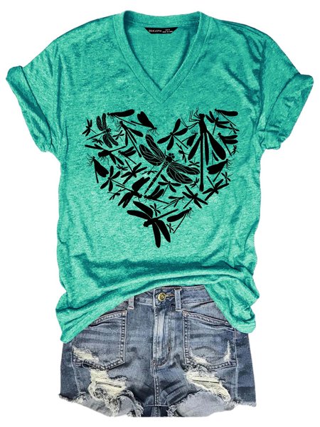 

Women Dragonfly Printing Cotton-Blend V Neck T-Shirt, Purple, T-shirts