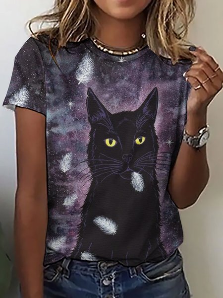 

omen Funny Black Cat in the Night Loose Simple T-Shirt, As picture, T-shirts