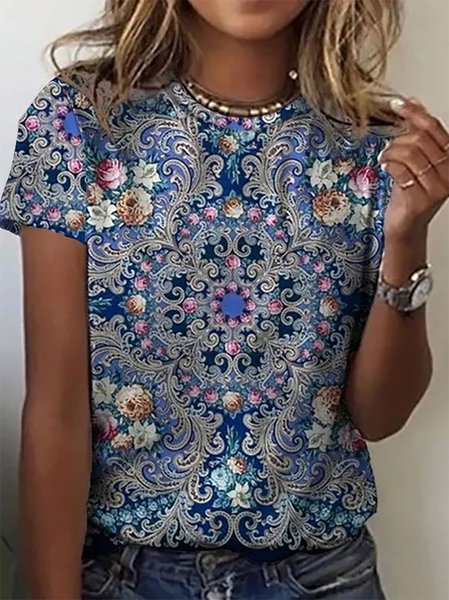 

Vintage Crew Neck Ethnic T-Shirt, Blue, T-Shirts