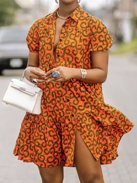 

Vacation Abstract Loose Short Sleeve Mini Dress, Orange, Mini Dresses
