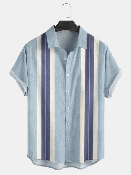 

Cotton and linen style geometric abstract print lapel comfort linen shirt, As picture, Men's Floral shirt