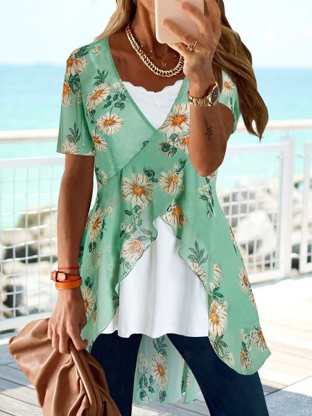 

Plain lace suspender Ruffle floral print top two piece set Plus Size, White-green, Suit Set
