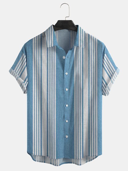 

Cotton Linen Striped Casual Short Sleeve Shirt, White-blue, Men's Floral shirt