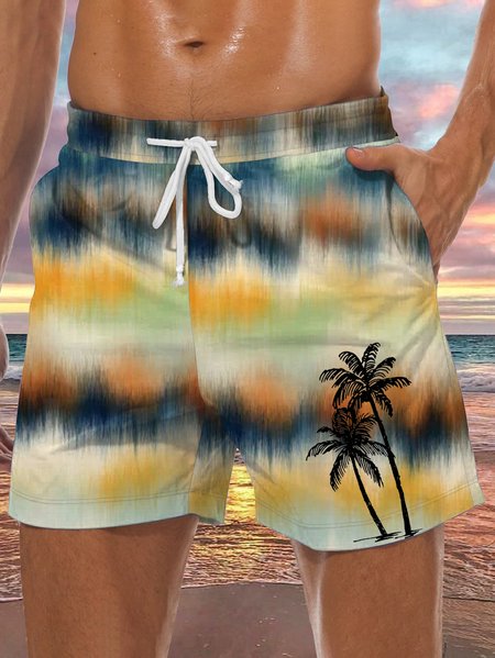Men's Coconut Tree Element Graphic Print Casual Vacation Beach Shorts, Yellow, Men's shorts