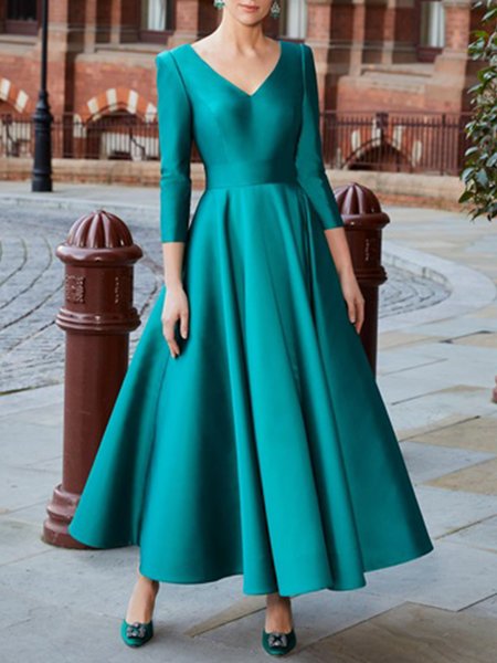 Elegant Formal V Neck Plain Three Quarter Dress, Green, Maxi Dresses